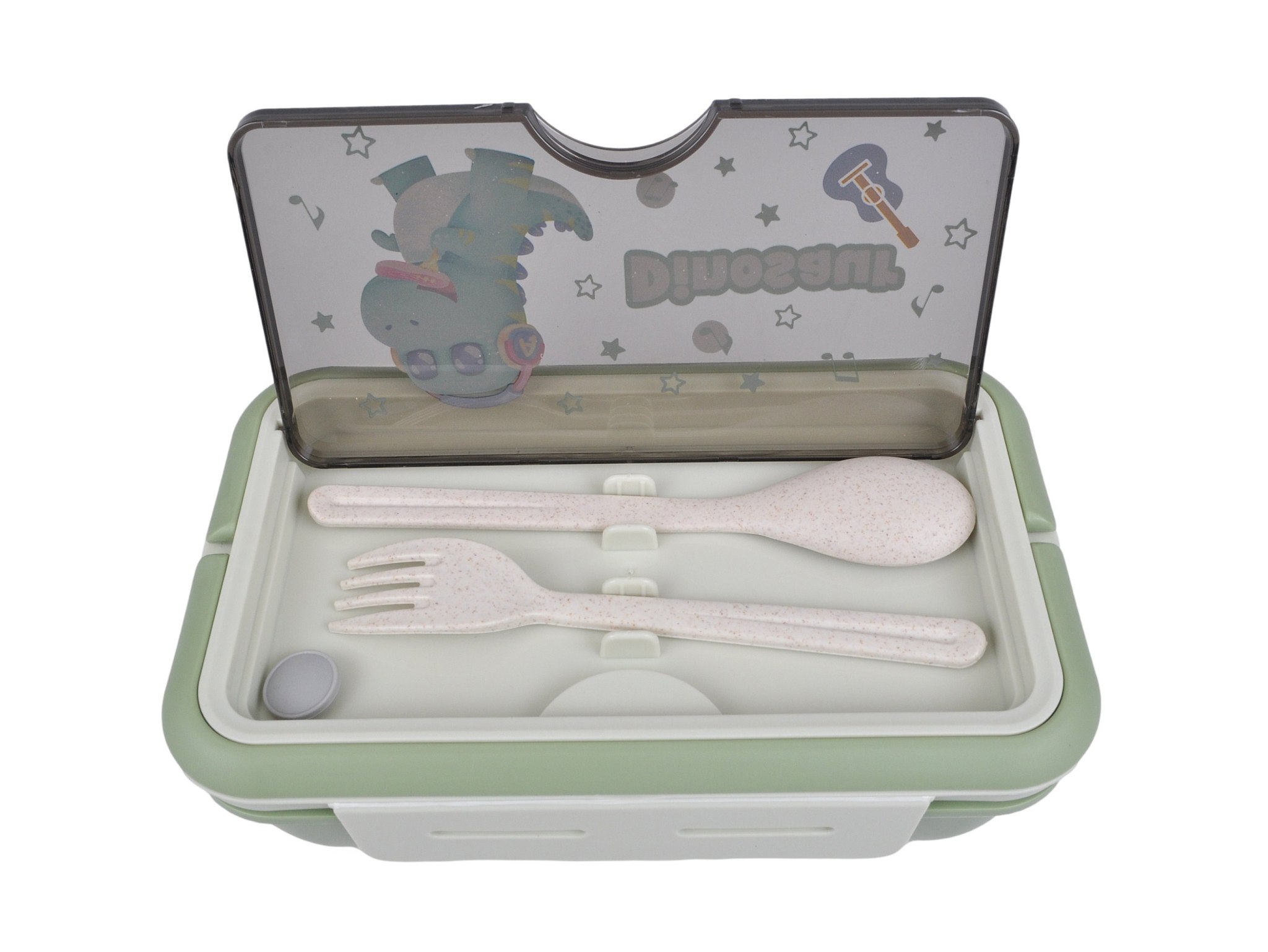 LUNCHBOX ŚNIADANIÓWKA POJEMNIK NA ŚNIADANIE OBIAD SZTUĆCE Z BIDONEM ZESTAW - zielony z stojącym dinozaurem