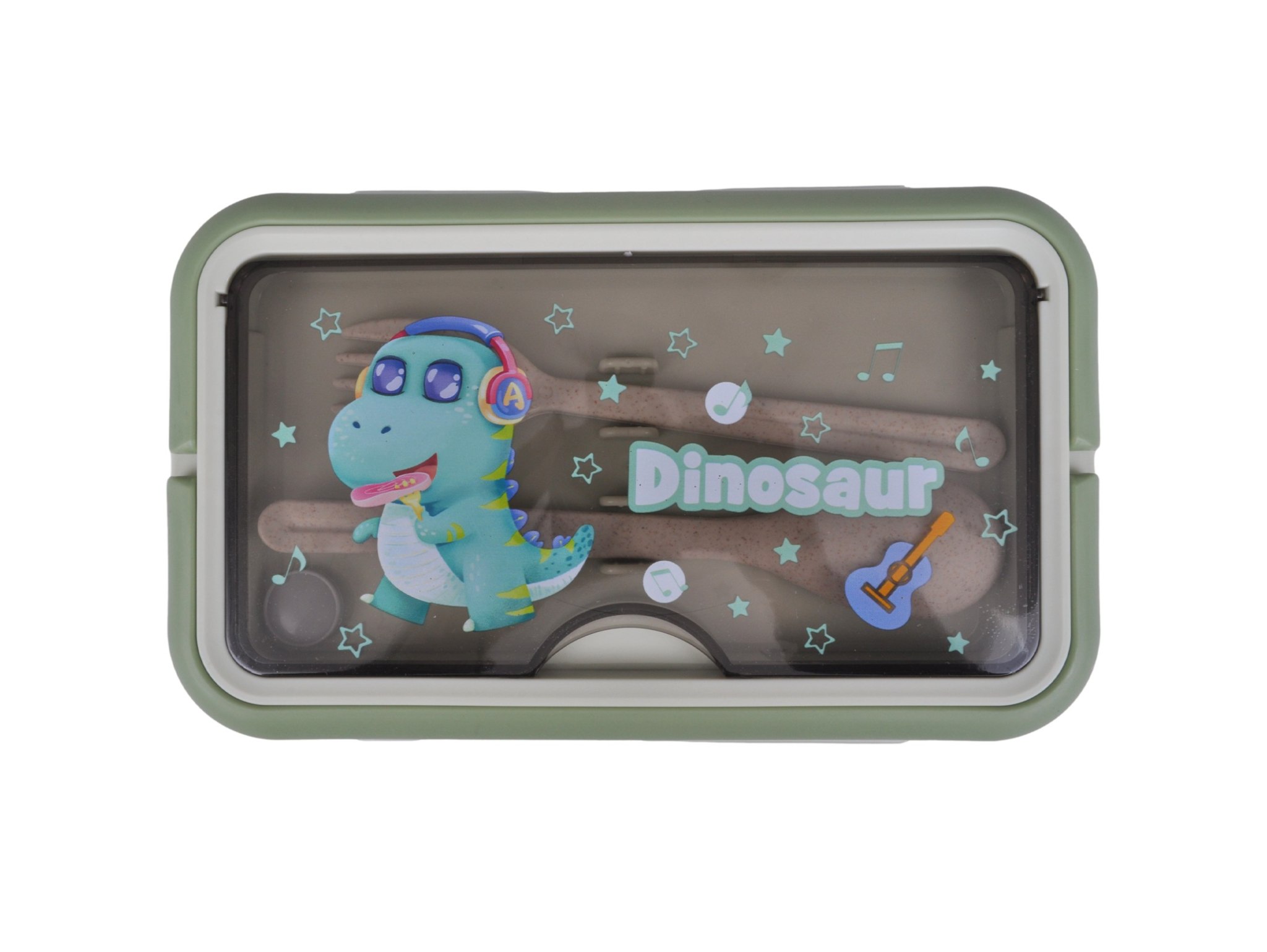 LUNCHBOX ŚNIADANIÓWKA POJEMNIK NA ŚNIADANIE OBIAD SZTUĆCE Z BIDONEM ZESTAW - zielony z stojącym dinozaurem