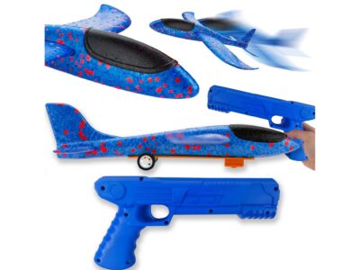 SAMOLOT STYROPIANOWY Z WYRZUTNIĄ - niebieski z kółkami