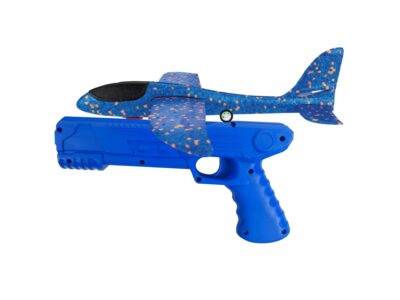 SAMOLOT STYROPIANOWY Z WYRZUTNIĄ - niebieski z kółkami