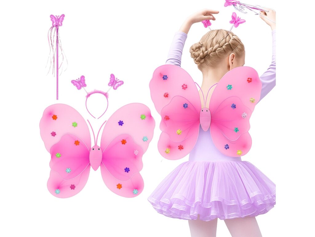 SKRZYDŁA MOTYLA ŚWIECĄCE ZESTAW DLA DZIECI 3el - różowy