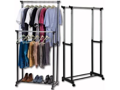 WIESZAK STOJĄCY NA KÓŁKACH UBRANIA STOJAK PODWÓJNY