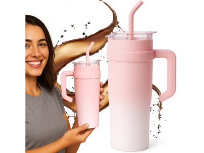 KUBEK TERMICZNY ZE SŁOMKĄ 1200ML - różowy