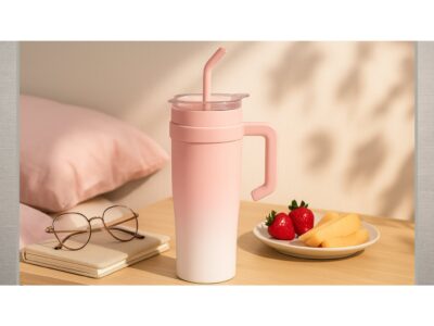 KUBEK TERMICZNY ZE SŁOMKĄ 1200ML - różowy