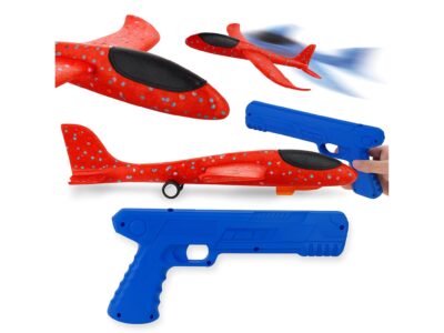 SAMOLOT STYROPIANOWY Z WYRZUTNIĄ - czerwony samolot z kółkami