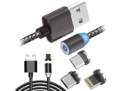 KABEL USB-MICRO USB-C LIGHTNING TYP-C 3w1 MAGNETYCZNY - czarny