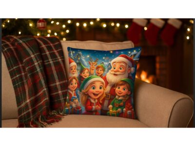 POSZEWKA NA PODUSZKĘ ŚWIĄTECZNA 40x40 - Mikołaj z Elfami