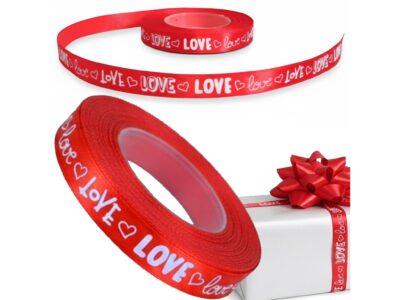 WSTĄŻKA SATYNOWA Z NADRUKIEM LOVE 12mm x 23m