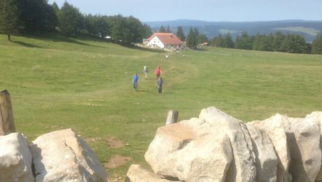 Blick über Steinmauer zur Wirtschaft Le Soliat
