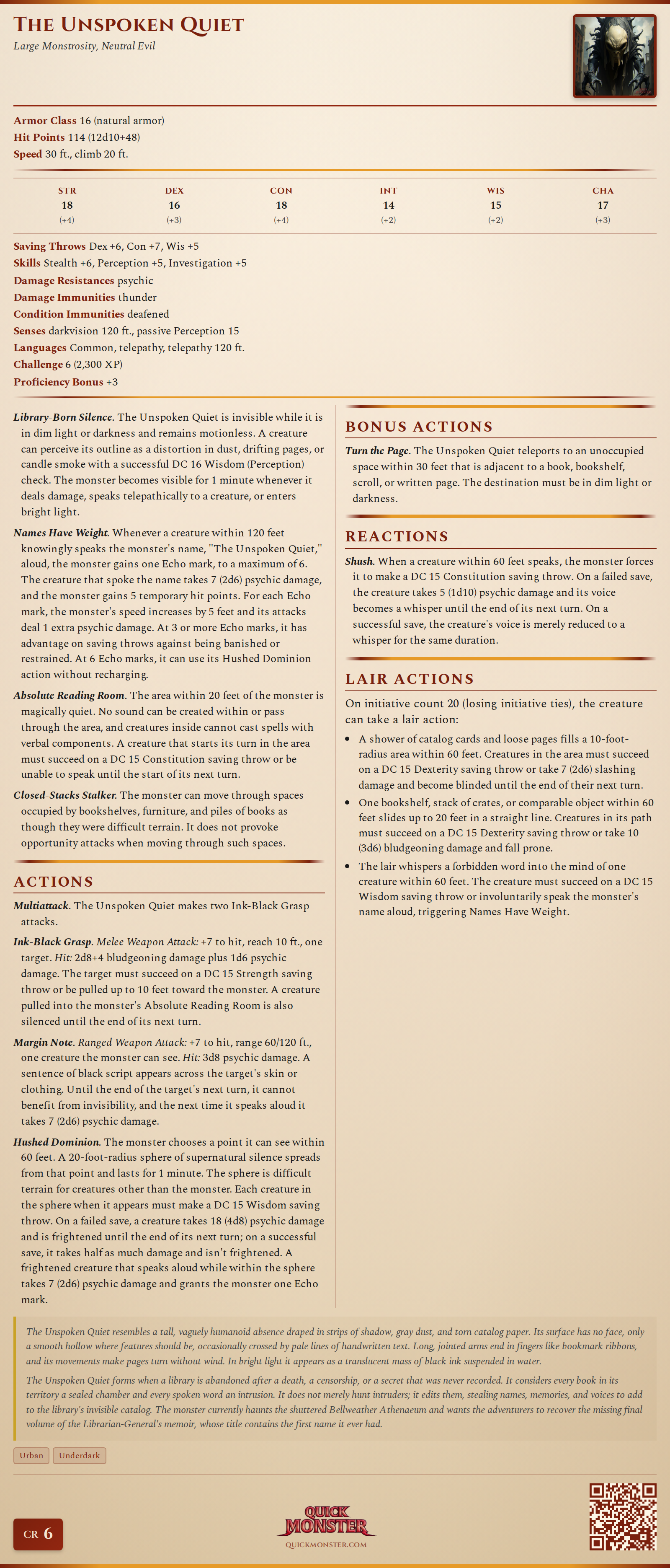 The Unspoken Quiet Stat Block