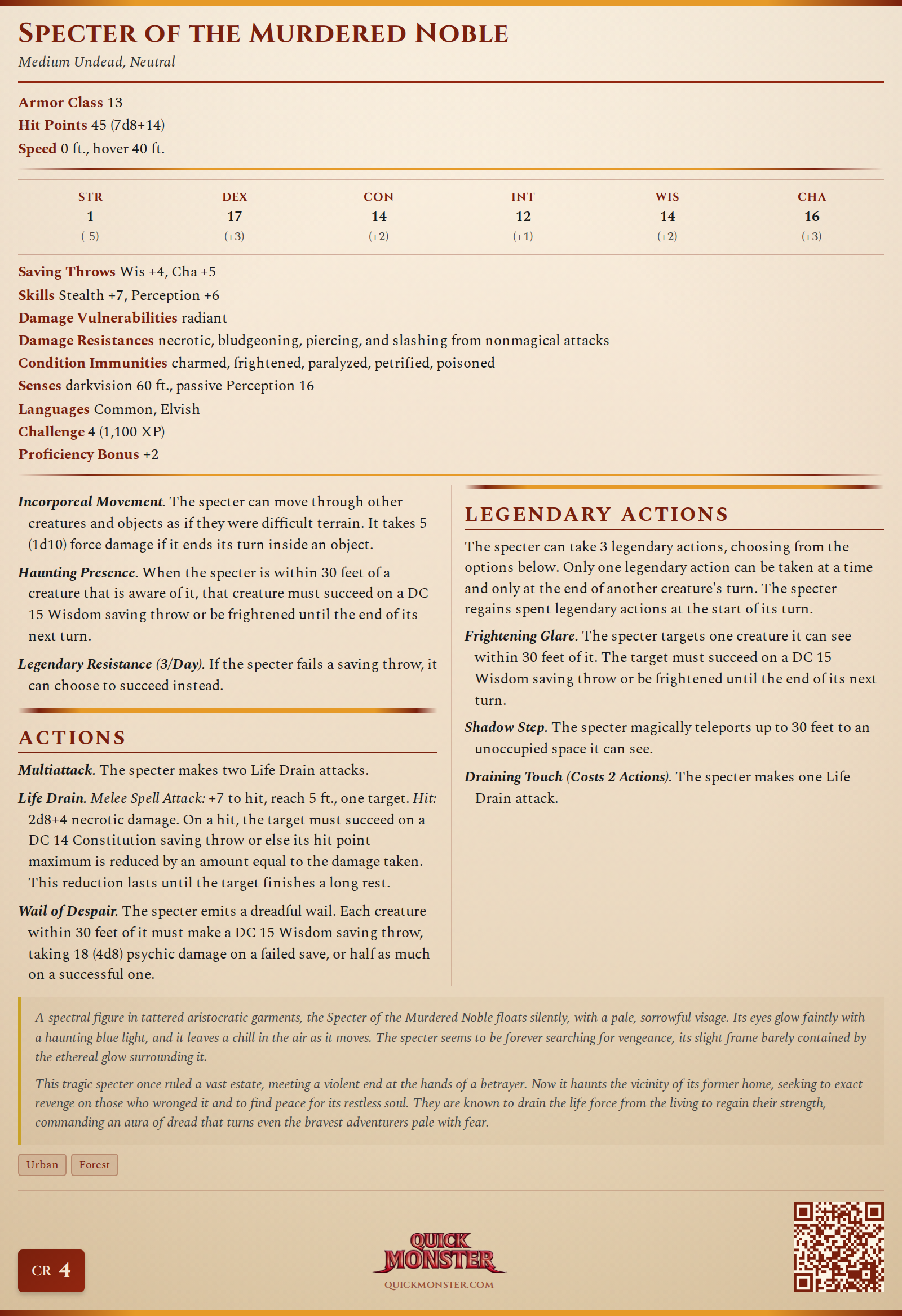 Specter of the Murdered Noble Stat Block