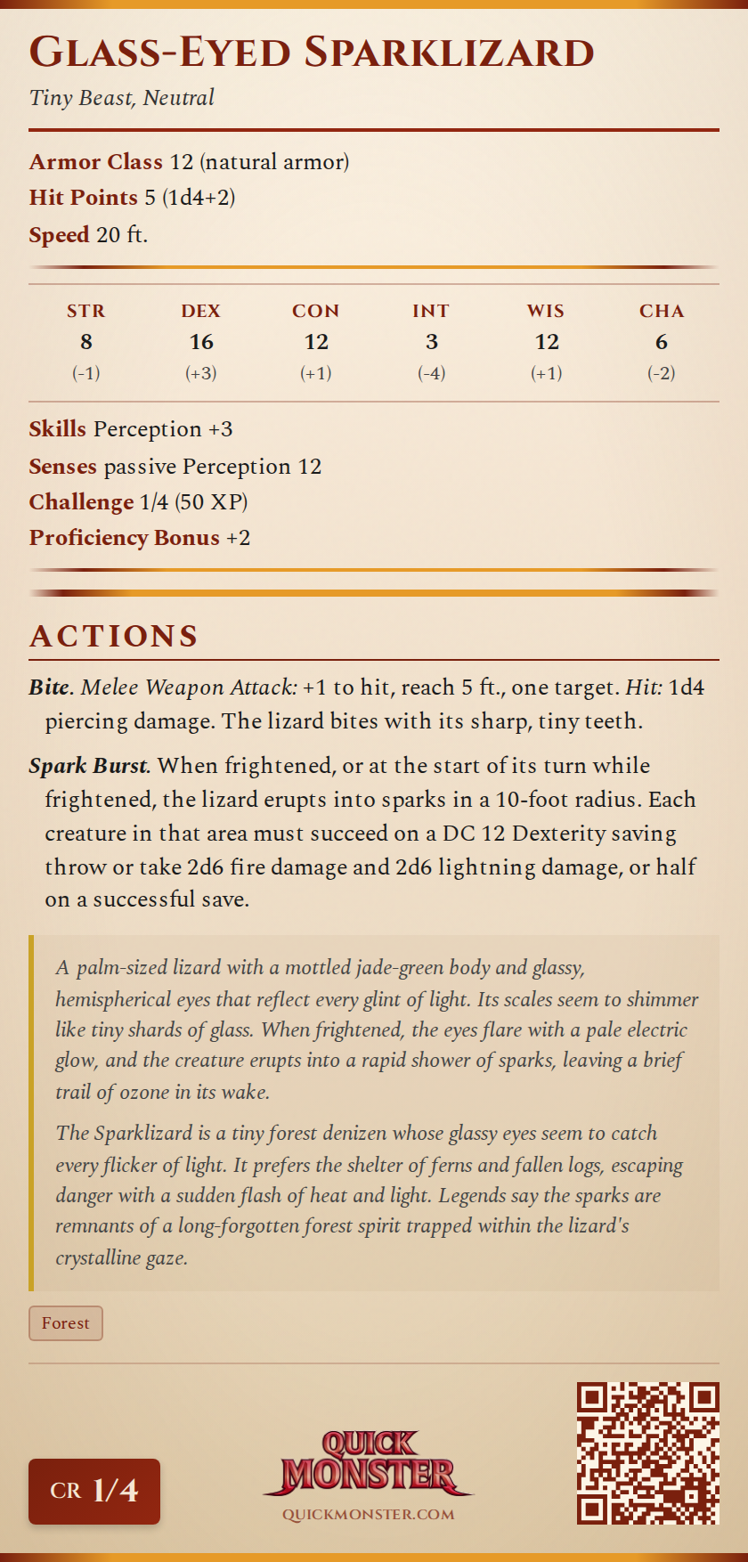 Glass-Eyed Sparklizard Stat Block