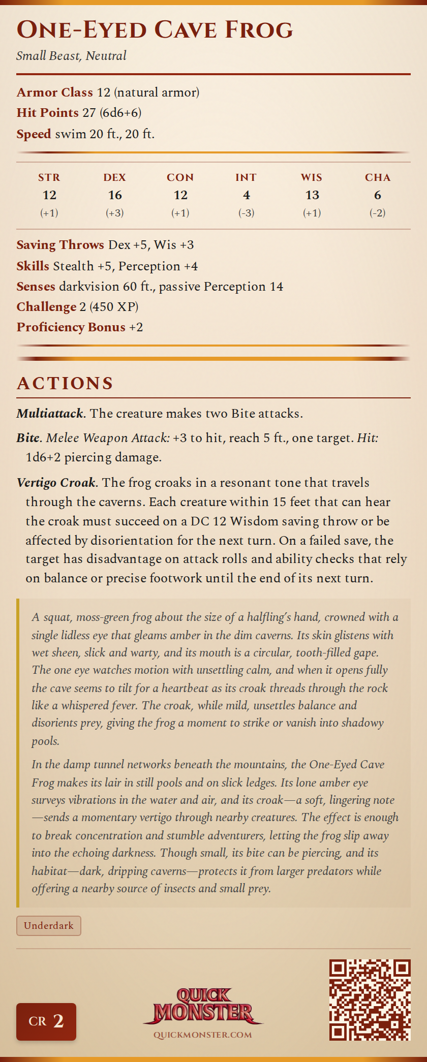 One-Eyed Cave Frog Stat Block