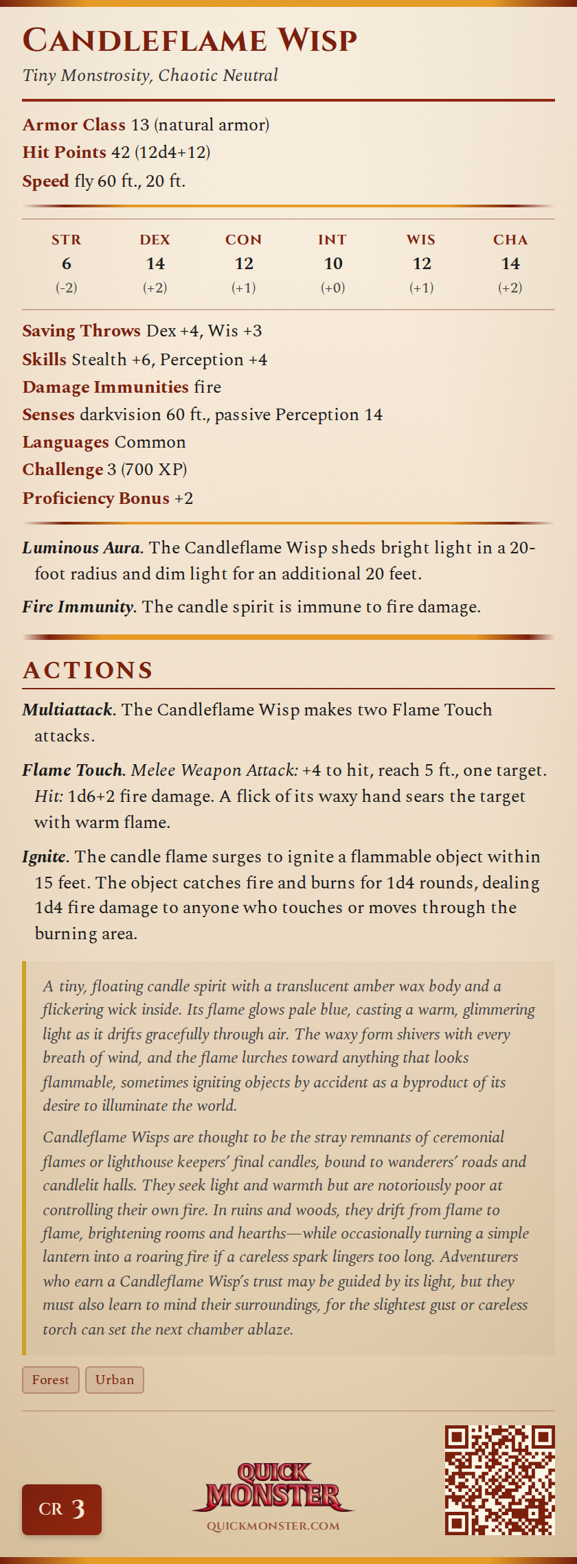 Candleflame Wisp Stat Block