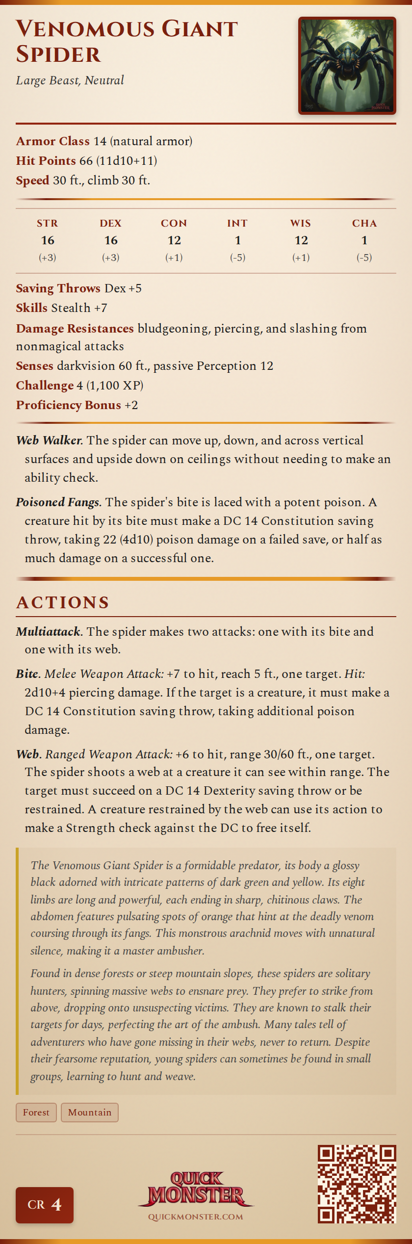 Venomous Giant Spider Stat Block