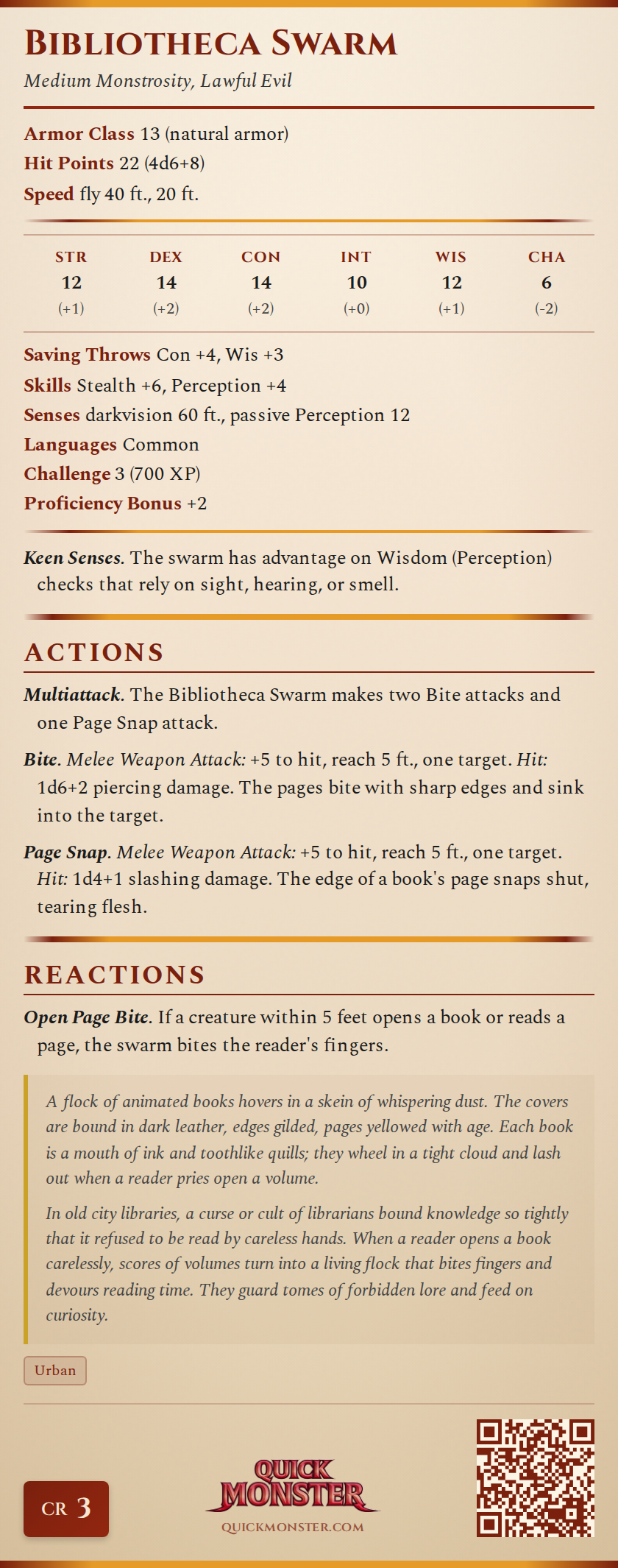 Bibliotheca Swarm Stat Block