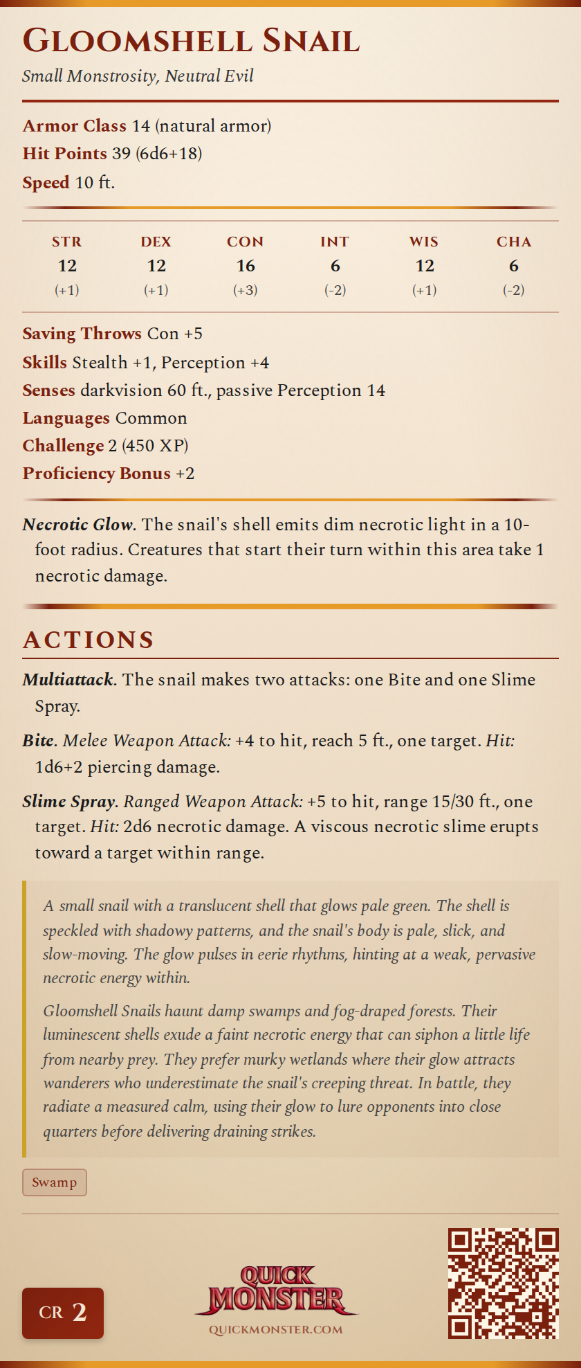 Gloomshell Snail Stat Block