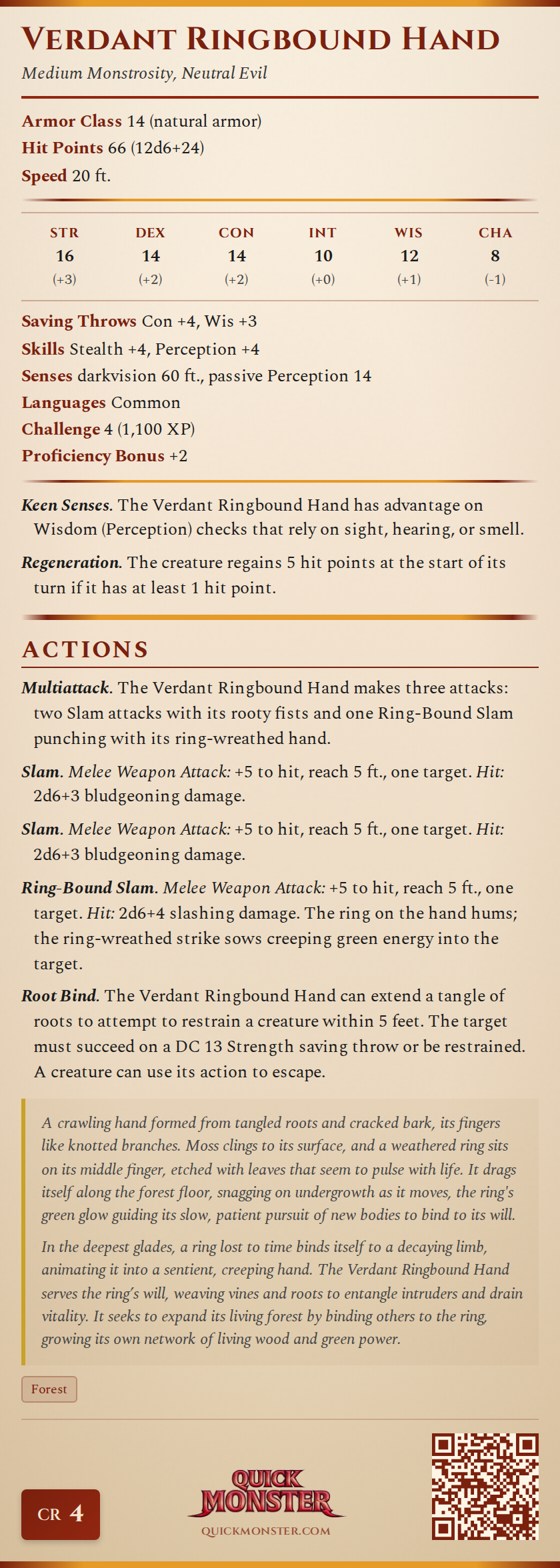 Verdant Ringbound Hand Stat Block