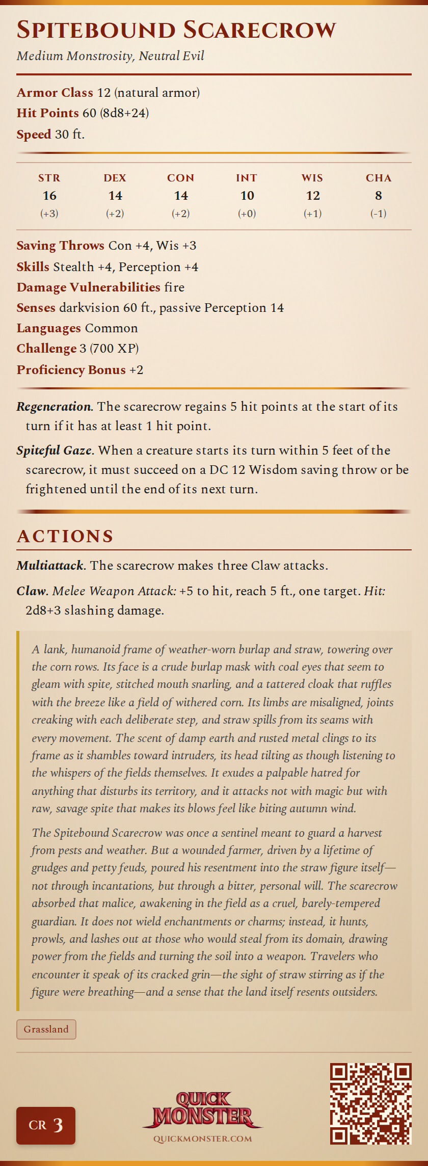 Spitebound Scarecrow Stat Block