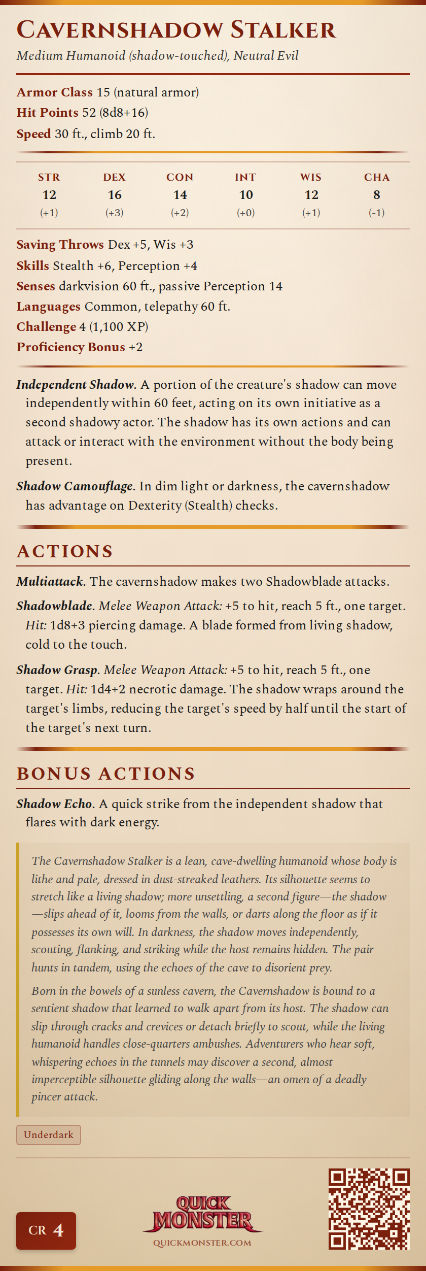 Cavernshadow Stalker Stat Block