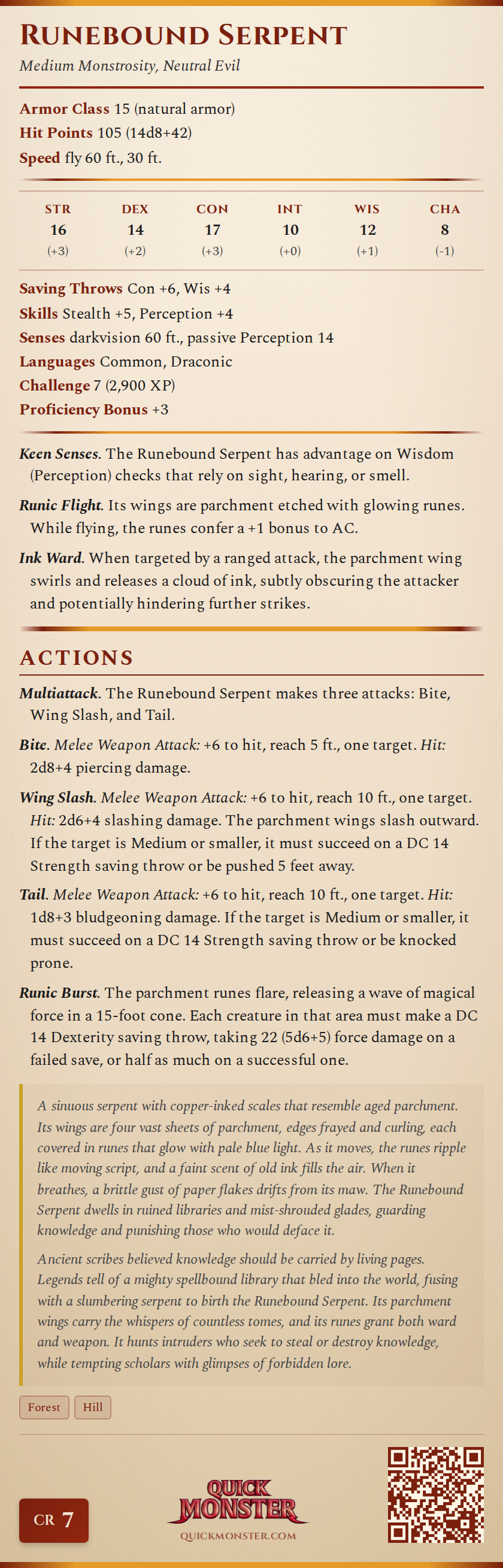 Runebound Serpent Stat Block