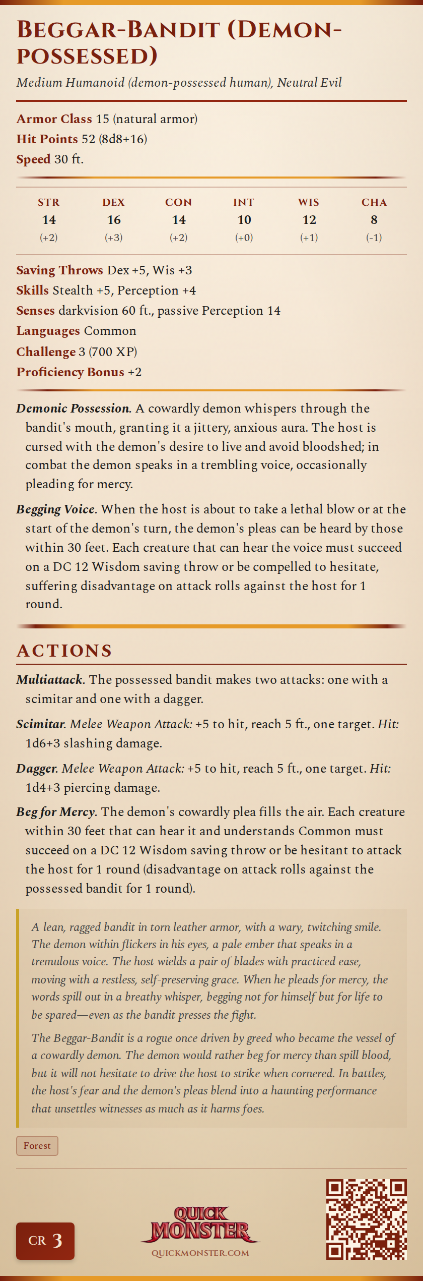 Beggar-Bandit (Demon-possessed) Stat Block
