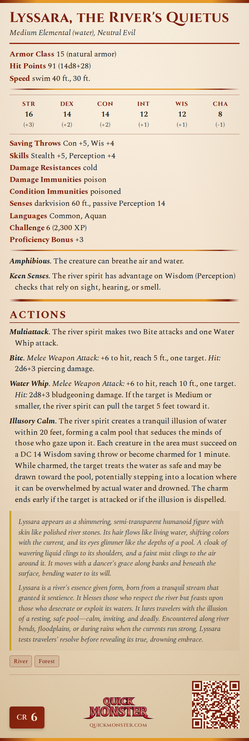 Lyssara, the River's Quietus Stat Block