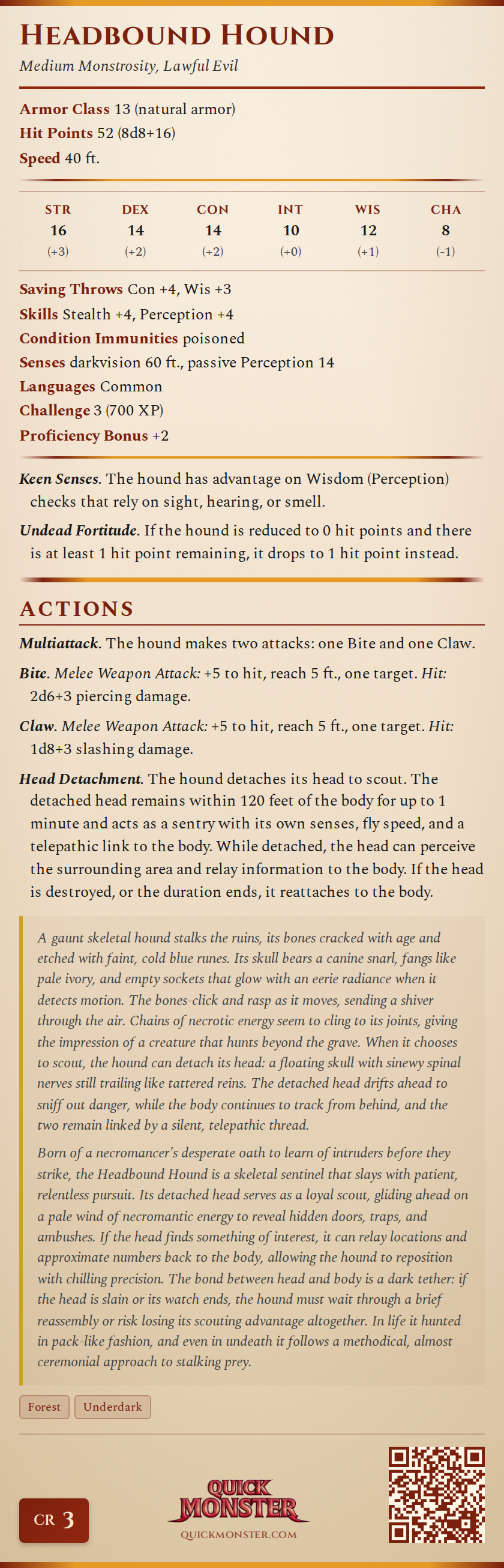 Headbound Hound Stat Block
