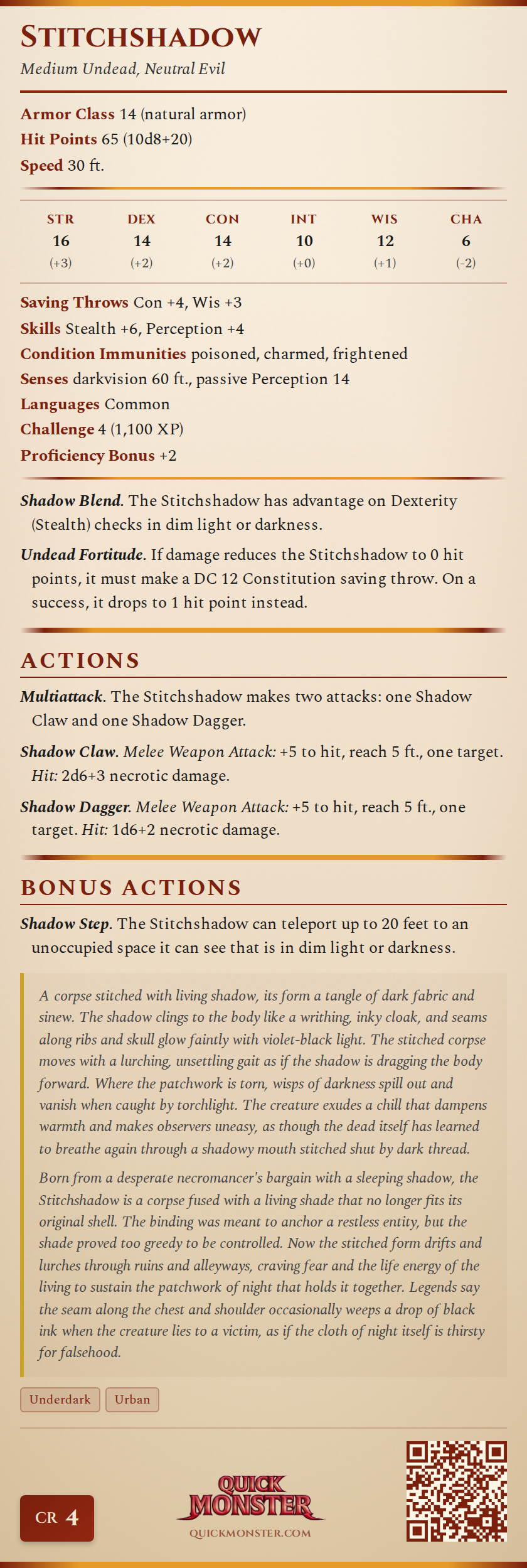 Stitchshadow Stat Block