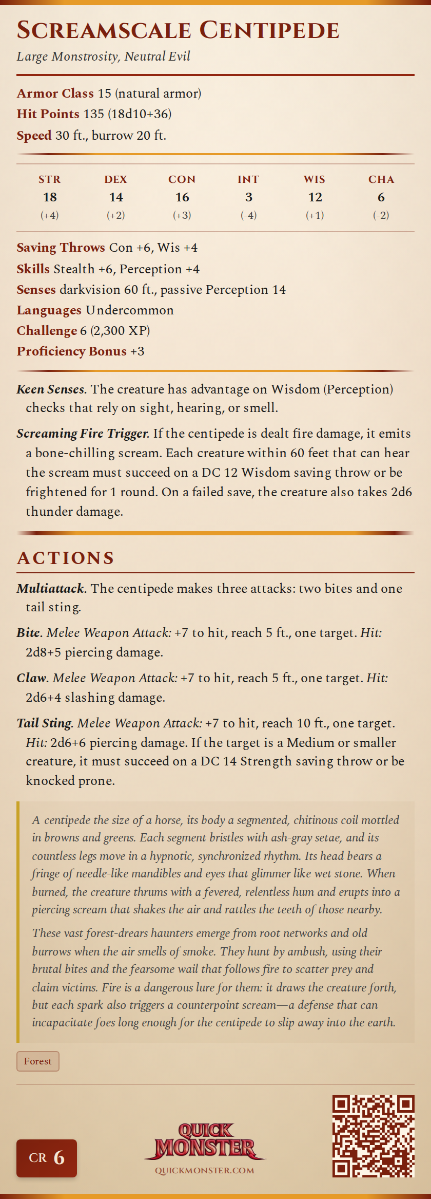 Screamscale Centipede Stat Block