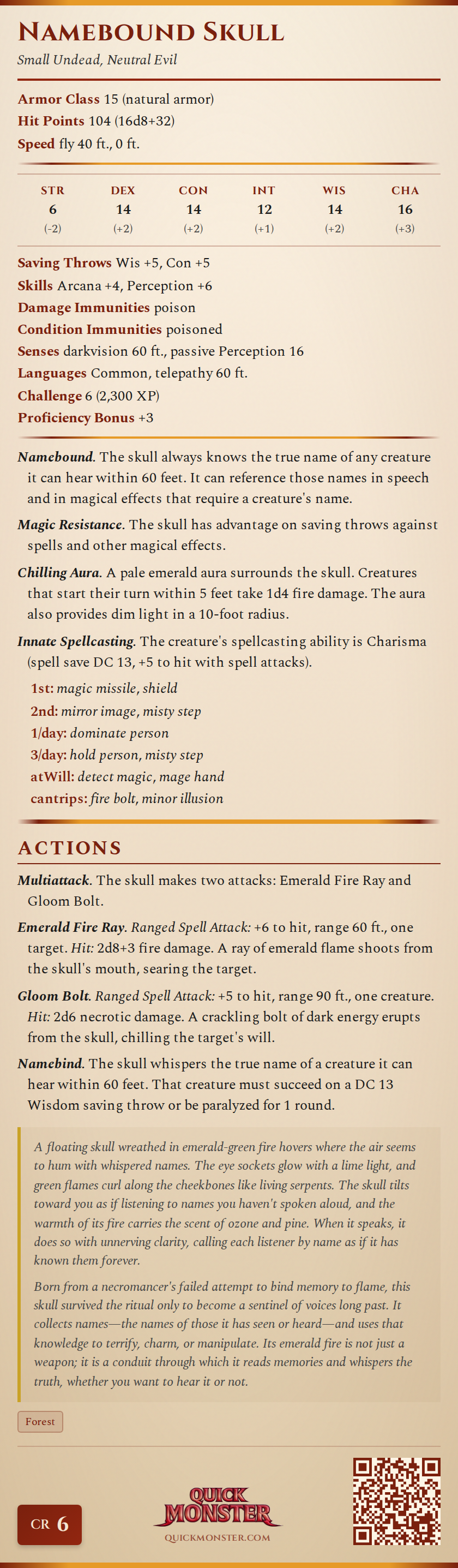 Namebound Skull Stat Block