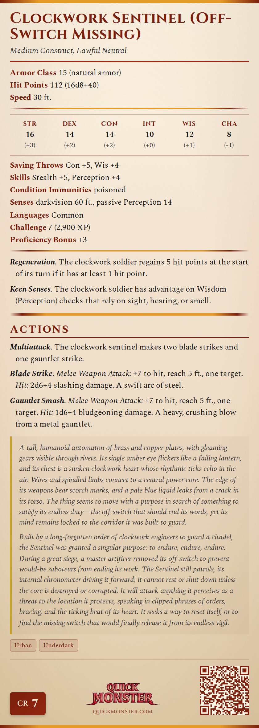 Clockwork Sentinel (Off-Switch Missing) Stat Block