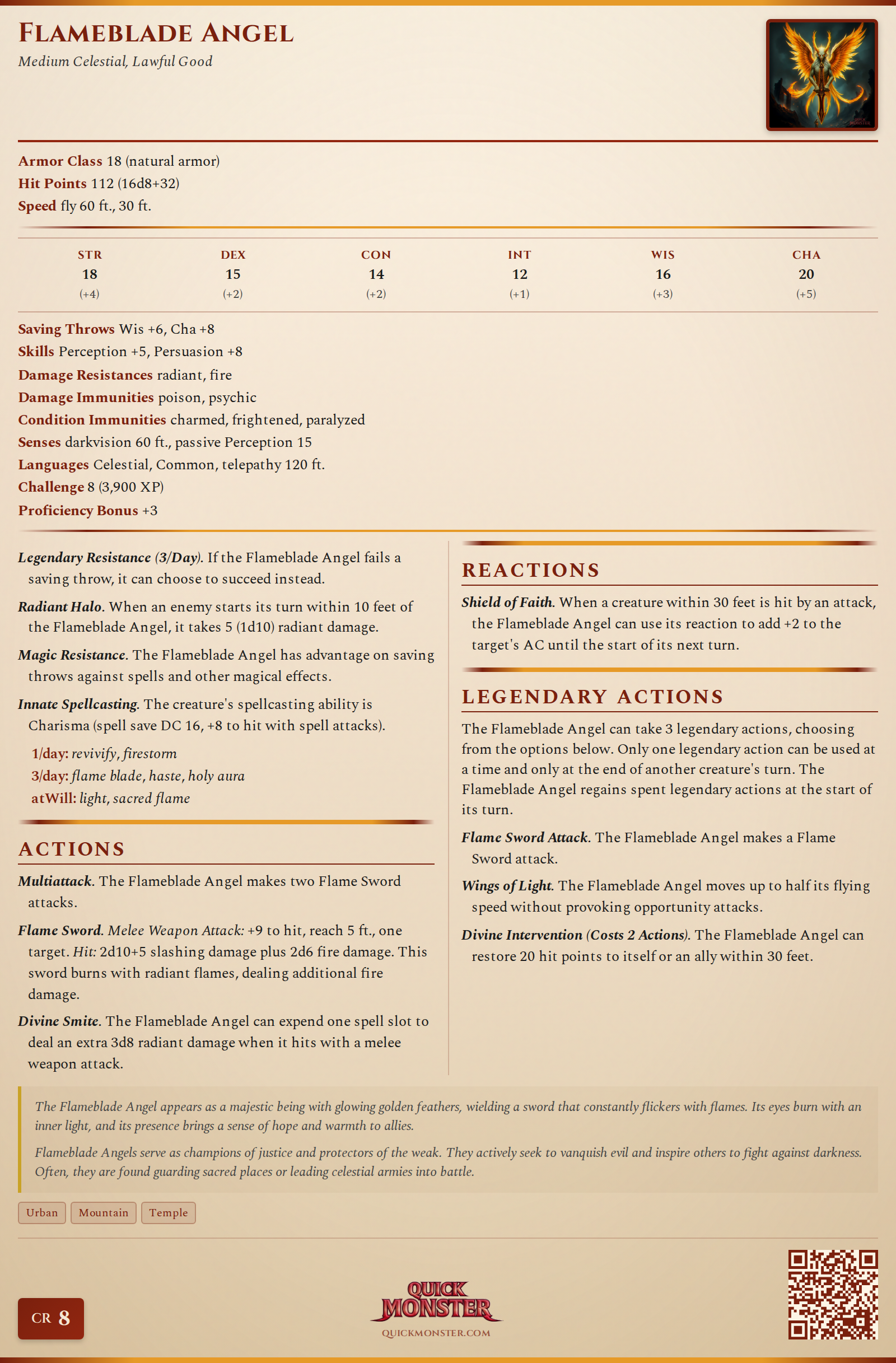 Flameblade Angel Stat Block