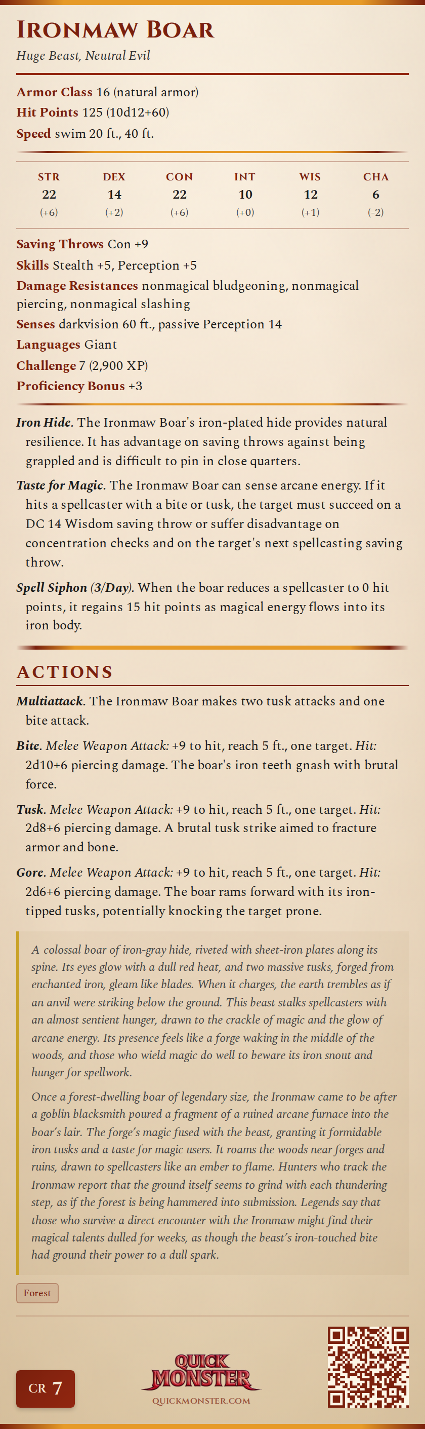 Ironmaw Boar Stat Block