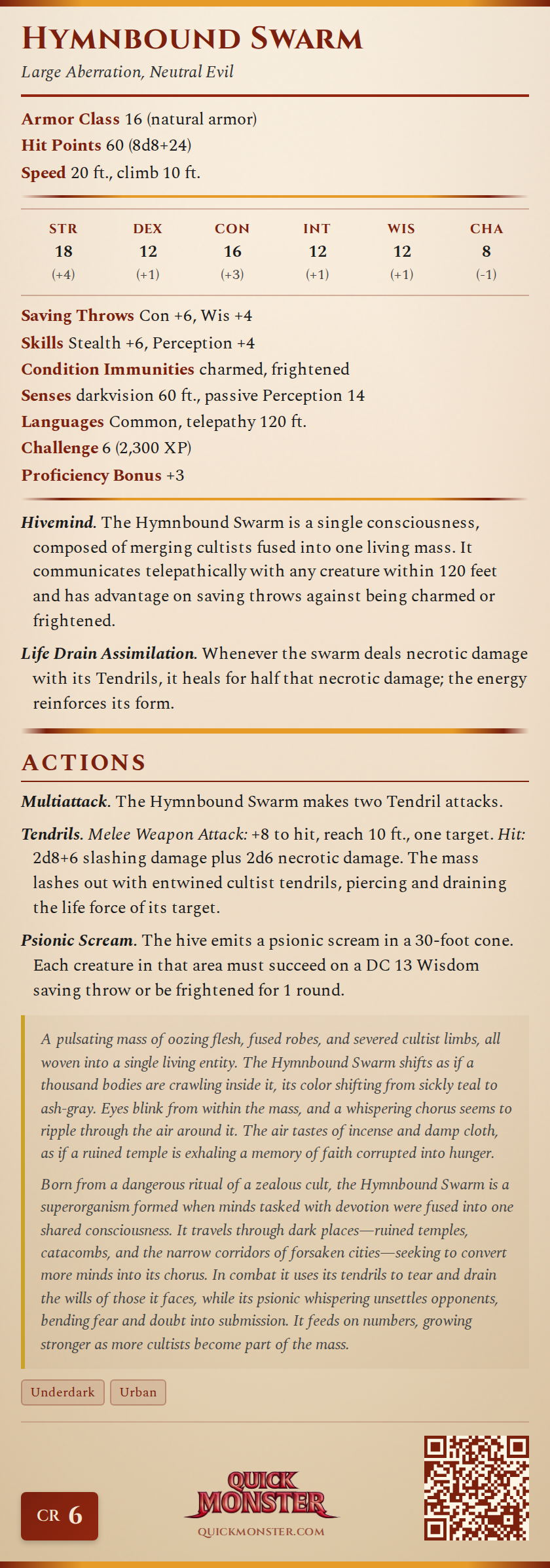 Hymnbound Swarm Stat Block