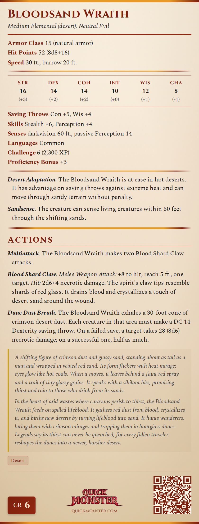 Bloodsand Wraith Stat Block
