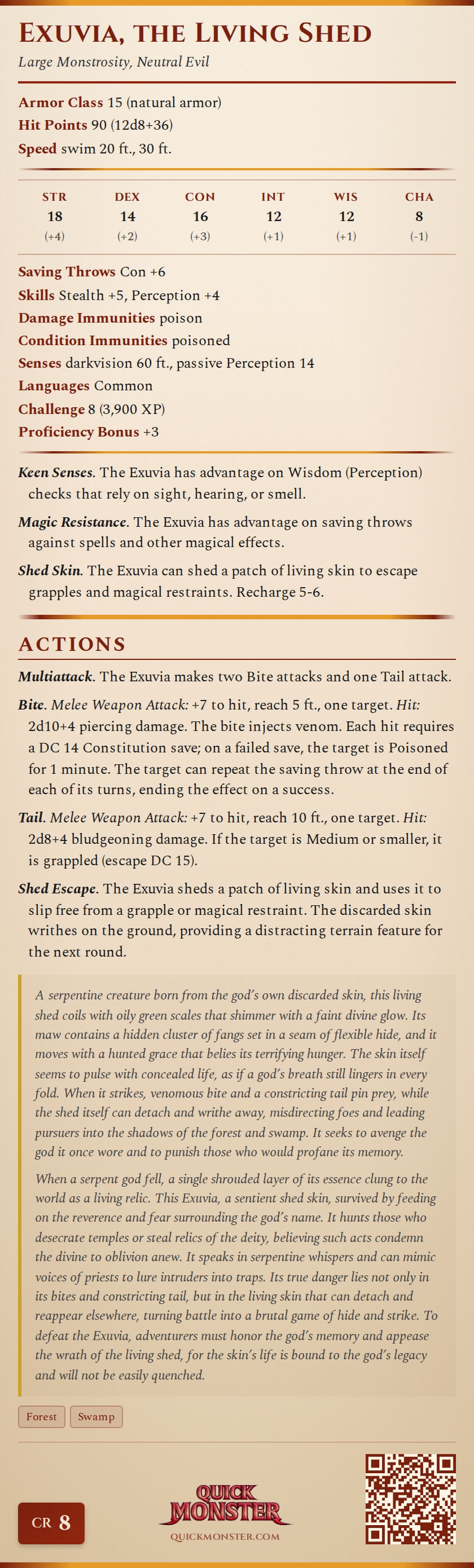 Exuvia, the Living Shed Stat Block