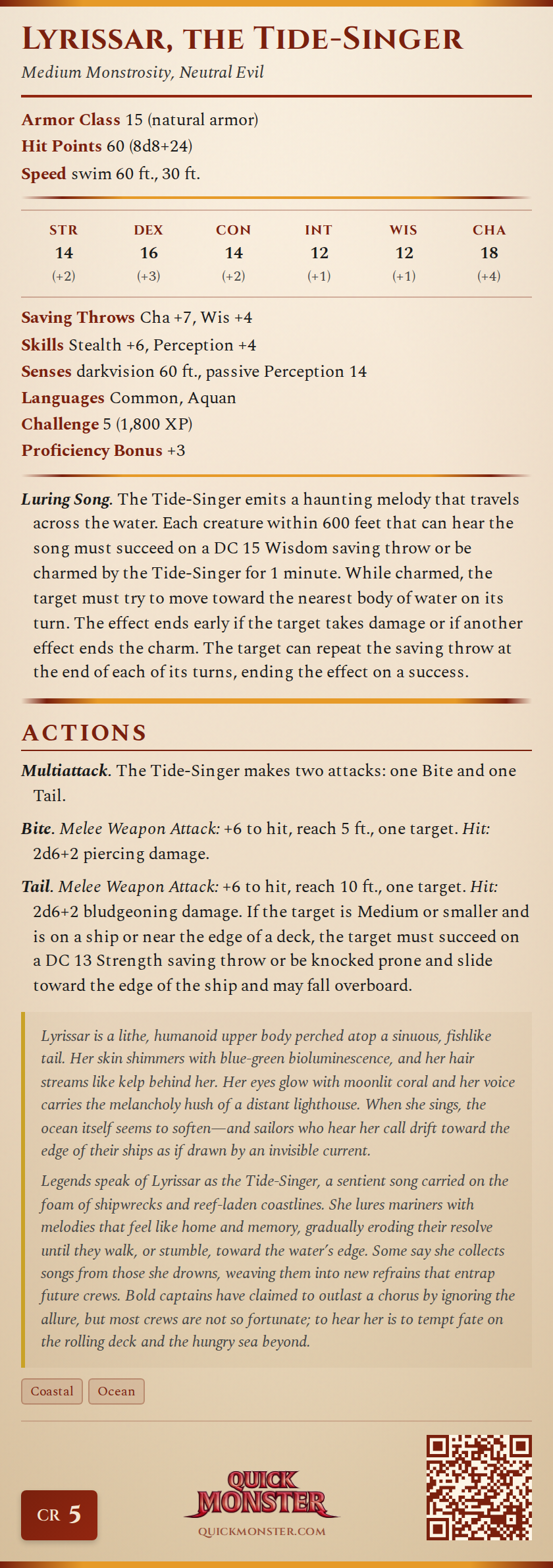 Lyrissar, the Tide-Singer Stat Block