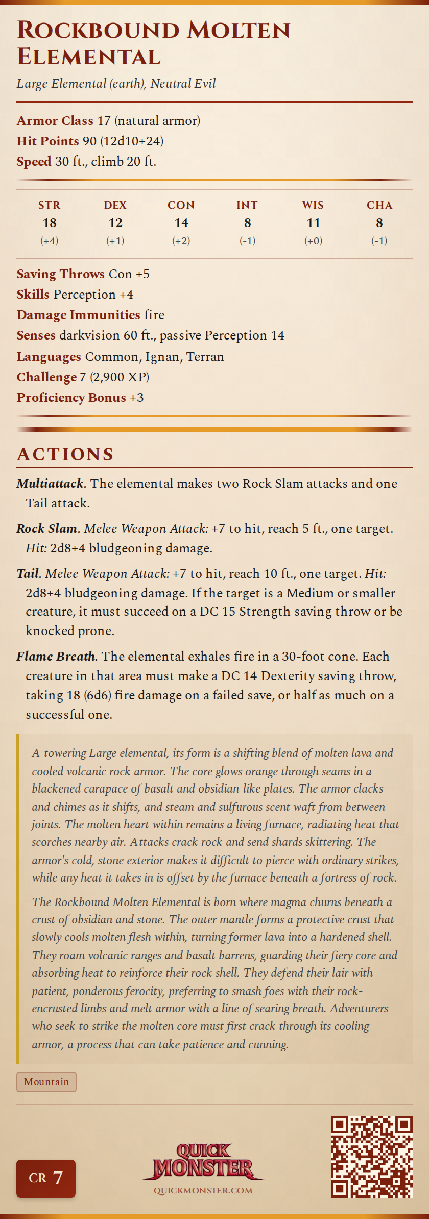 Rockbound Molten Elemental Stat Block