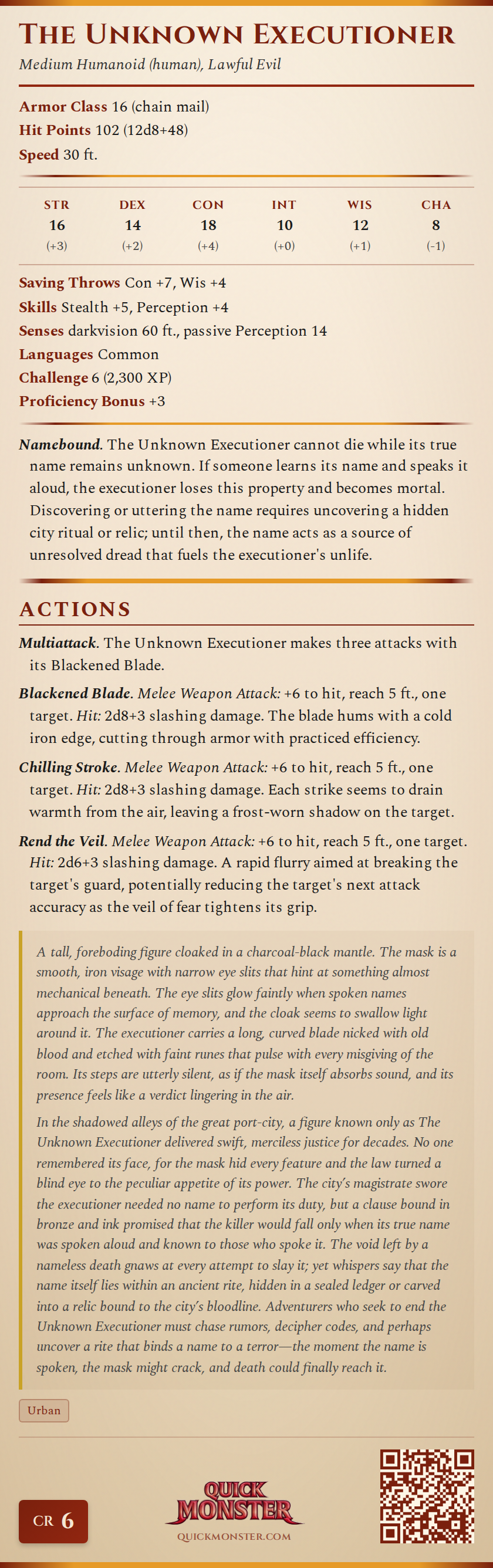 The Unknown Executioner Stat Block