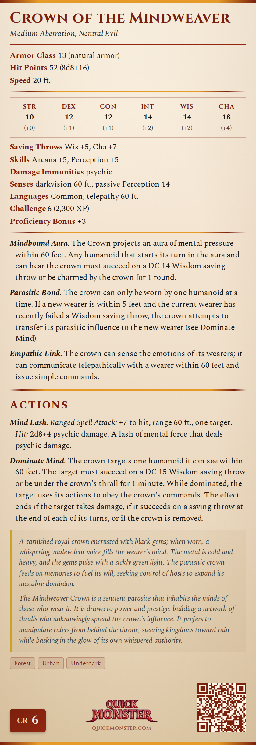 Crown of the Mindweaver Stat Block