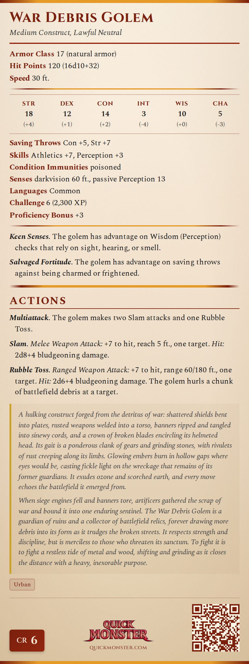 War Debris Golem Stat Block