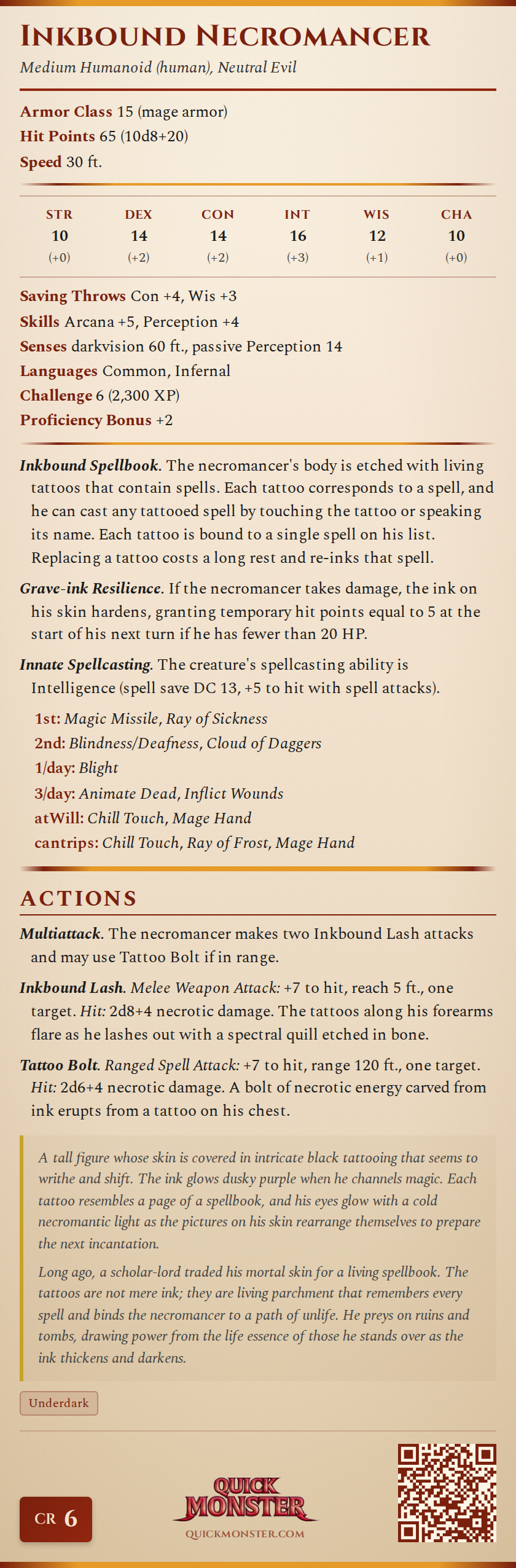 Inkbound Necromancer Stat Block