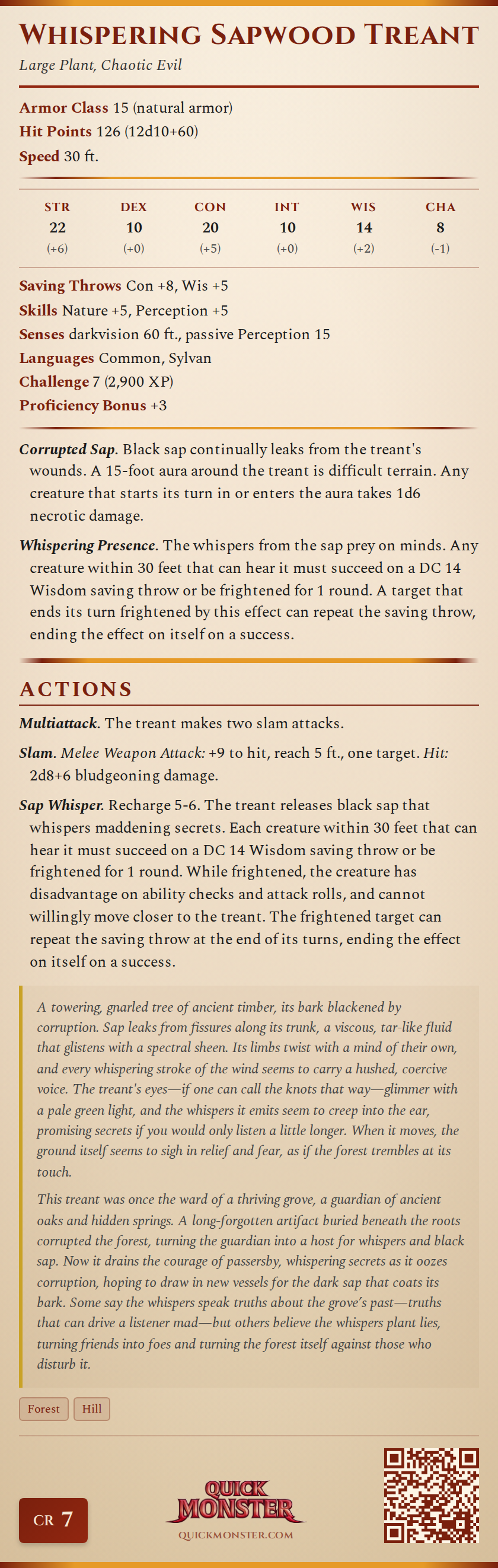 Whispering Sapwood Treant Stat Block