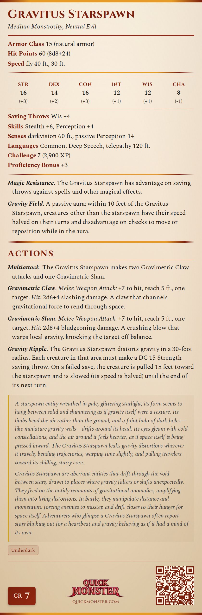 Gravitus Starspawn Stat Block