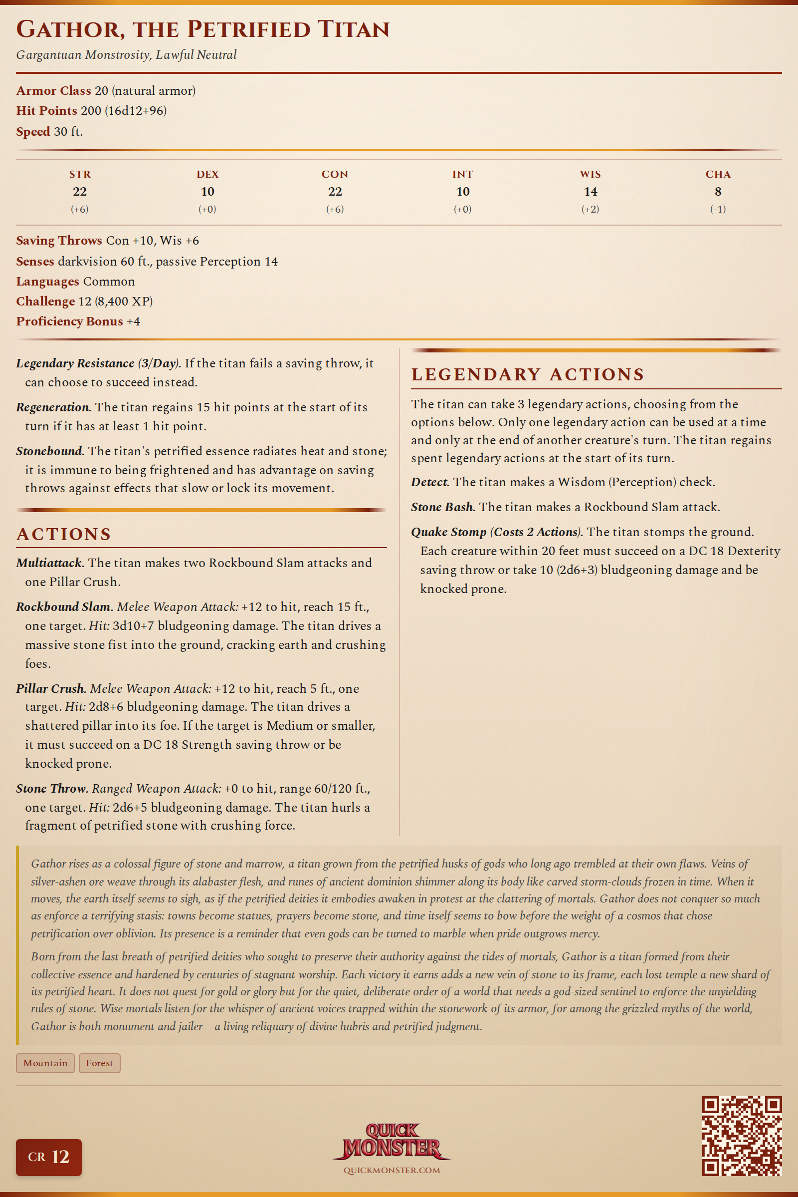 Gathor, the Petrified Titan Stat Block