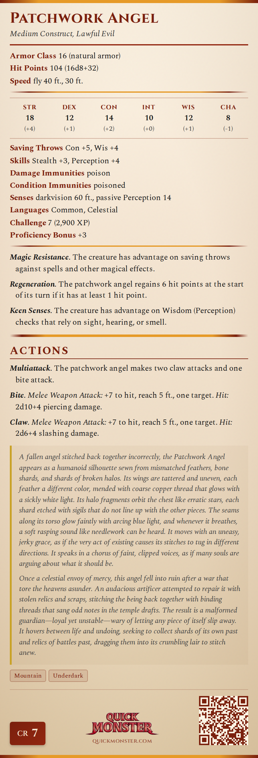 Patchwork Angel Stat Block