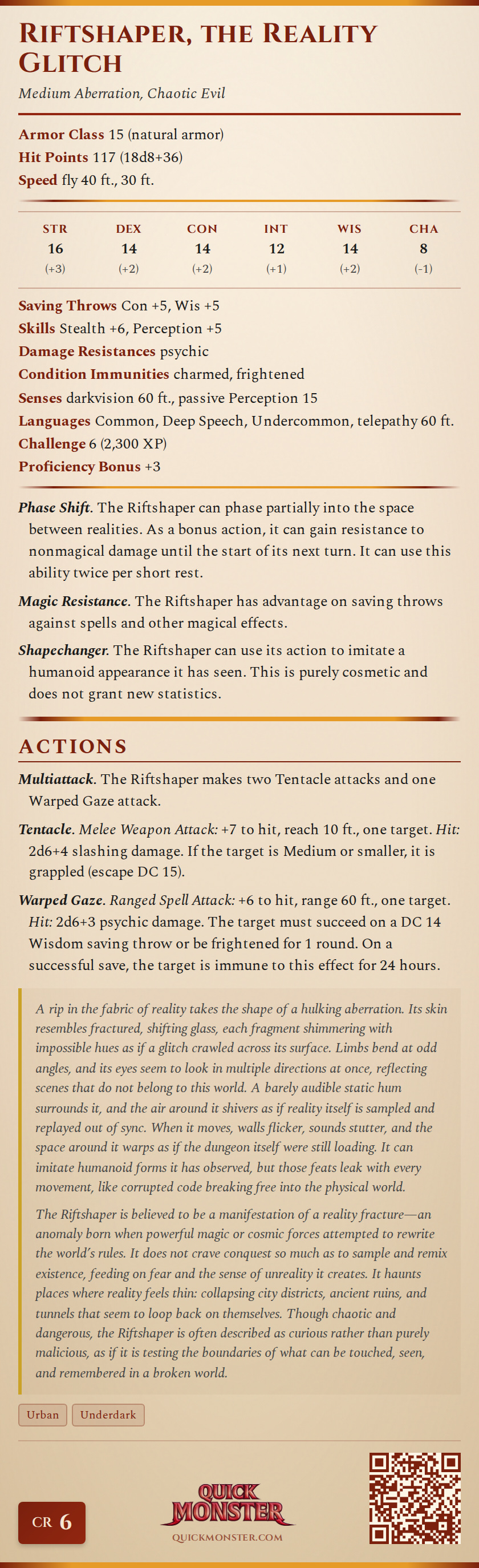 Riftshaper, the Reality Glitch Stat Block