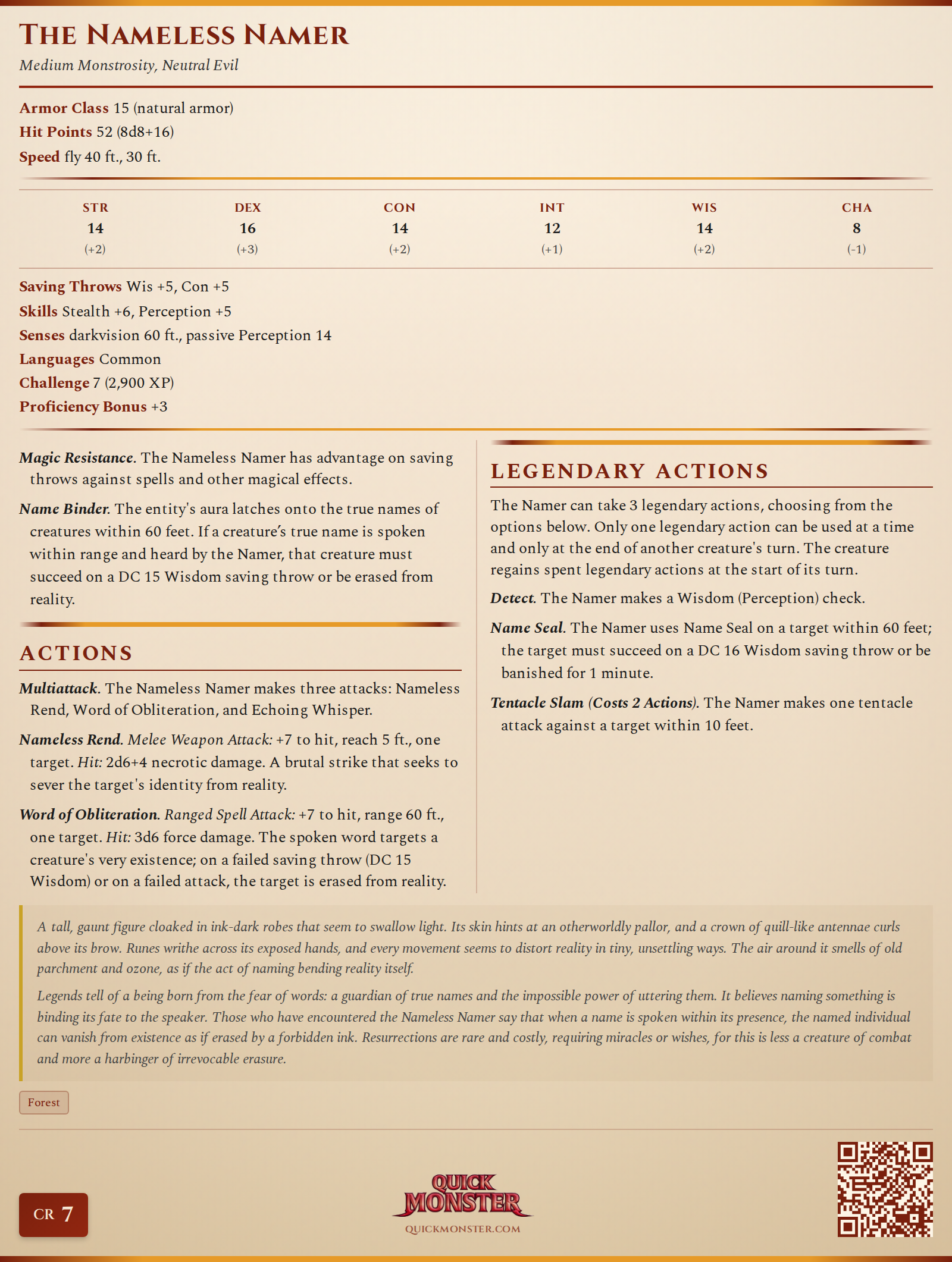 The Nameless Namer Stat Block