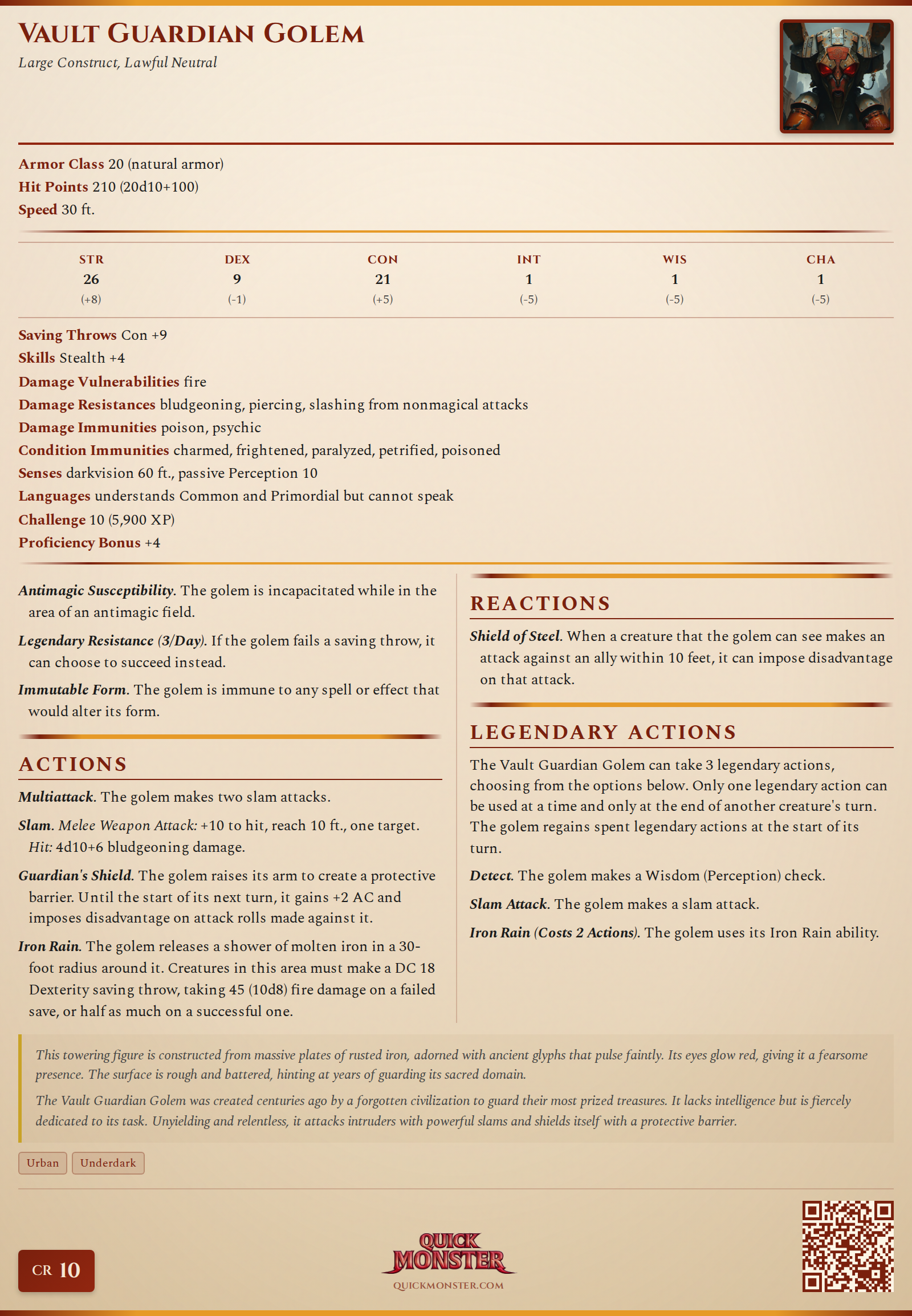 Vault Guardian Golem Stat Block